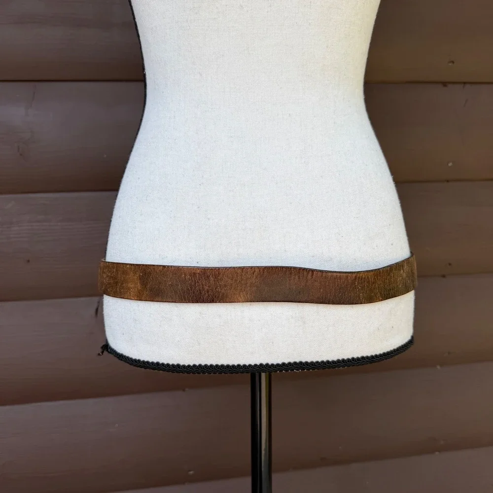 Vintage Distressed Leather Double Strap Belt Unisex Brown Brass Hardware 33-39